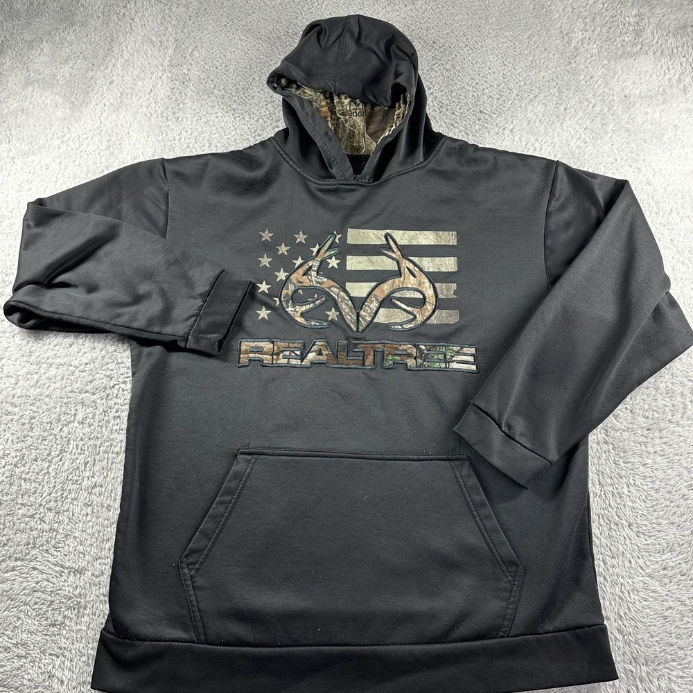 Real Tree Hoodie Mens Large Black‎ Poly Camo Hunting Outdoorsman Sportsman